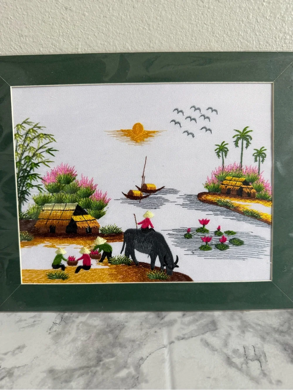 Vietnamese Hand-Embroidered Silk Landscape Village life Scene Wall Art 12x 10
